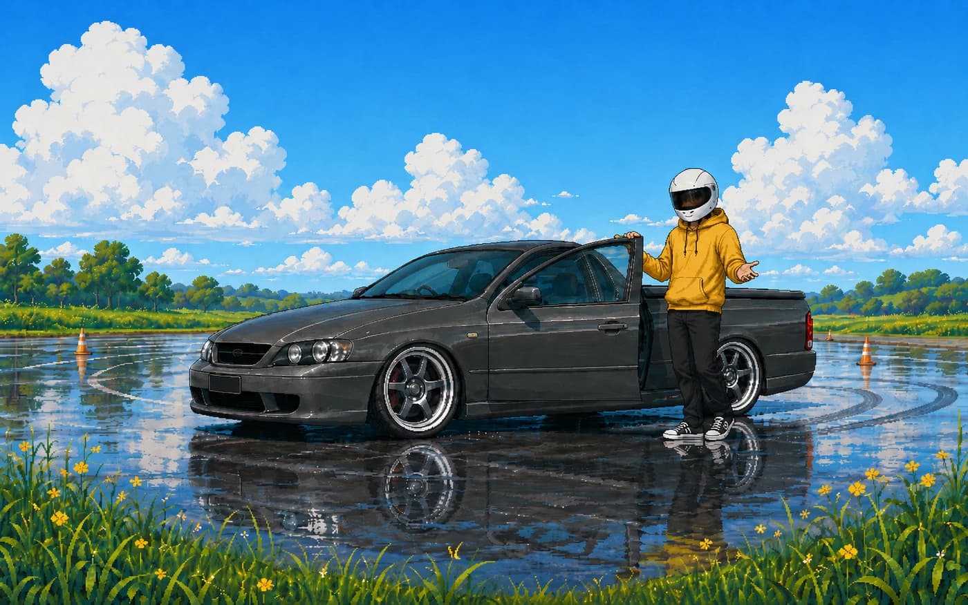 Pixel art of the driver in a yellow hoodie and white helmet holding the ute's passenger door open on a wet skid pan, looking towards you