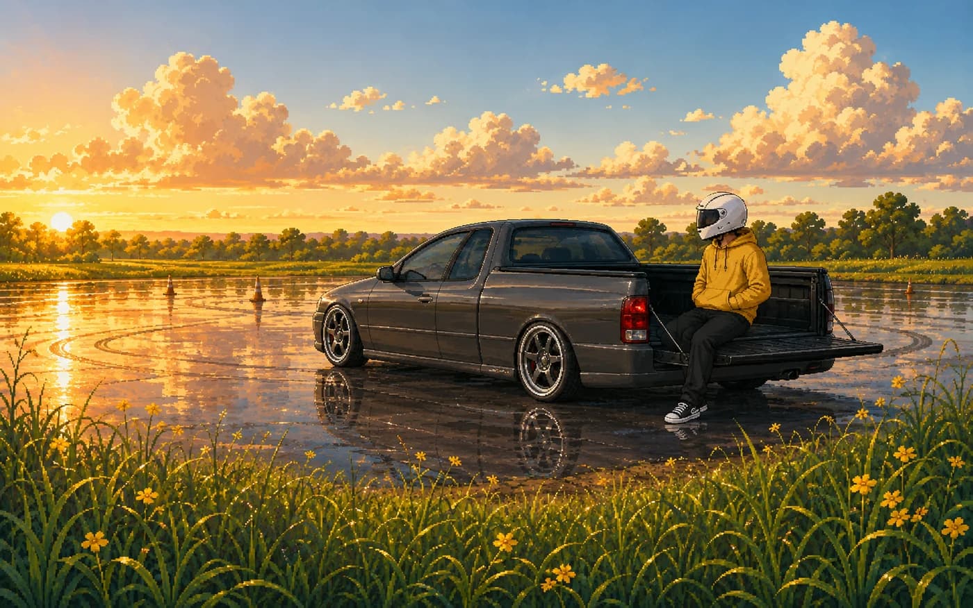 Pixel art of the driver sitting on the ute's open tailgate in warm light, relaxed, the wet pan stretching out behind