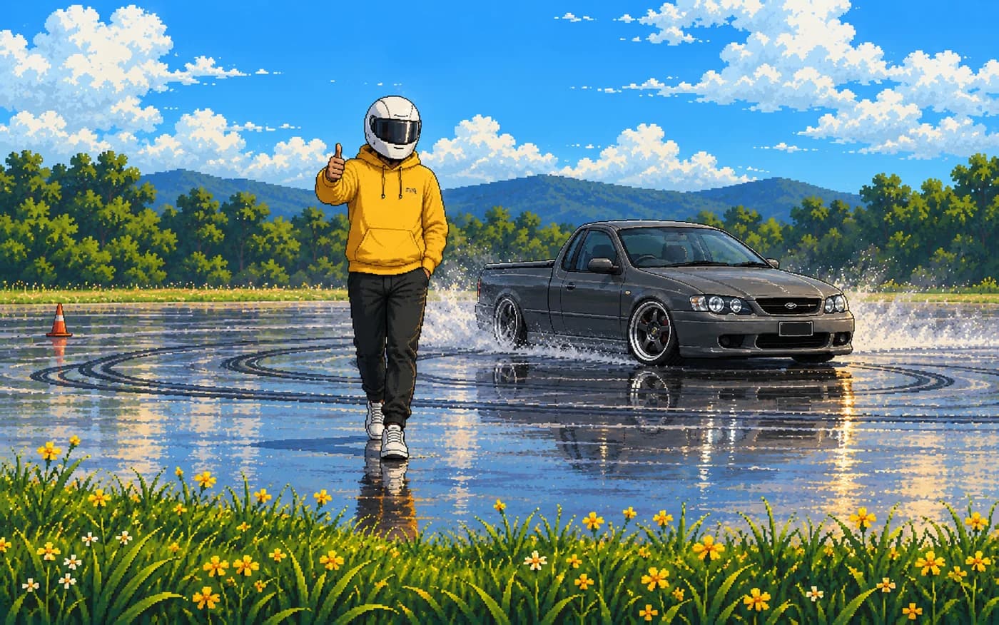 Pixel art of the driver walking back across the wet pan giving a thumbs up, the ute still sliding behind him